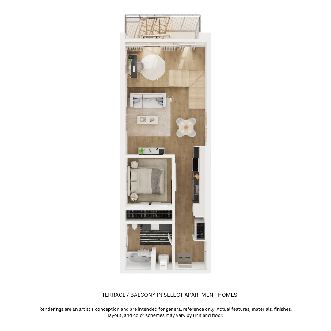 Floor plan for 1 bed, 1 bath, 590 sqft